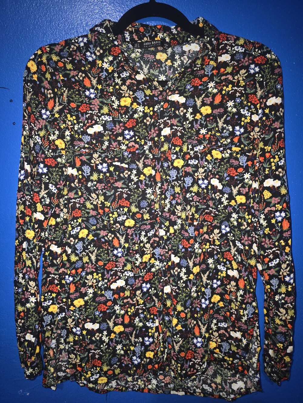Zara Black Mix Ditsy Floral Blouse Shirt Long Sleeve Size S preowned